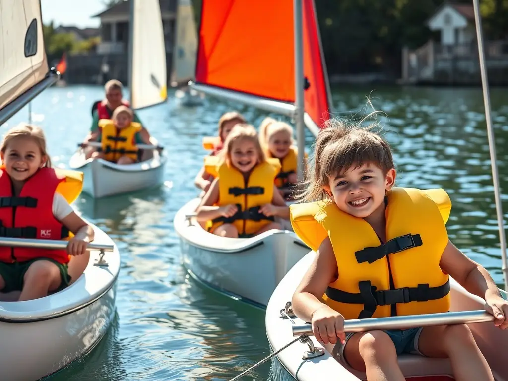 A vibrant image showing children participating in a beginner sailing lesson, with instructors nearby ensuring their safety and providing guidance. The scene captures the excitement and fun of learning to sail.