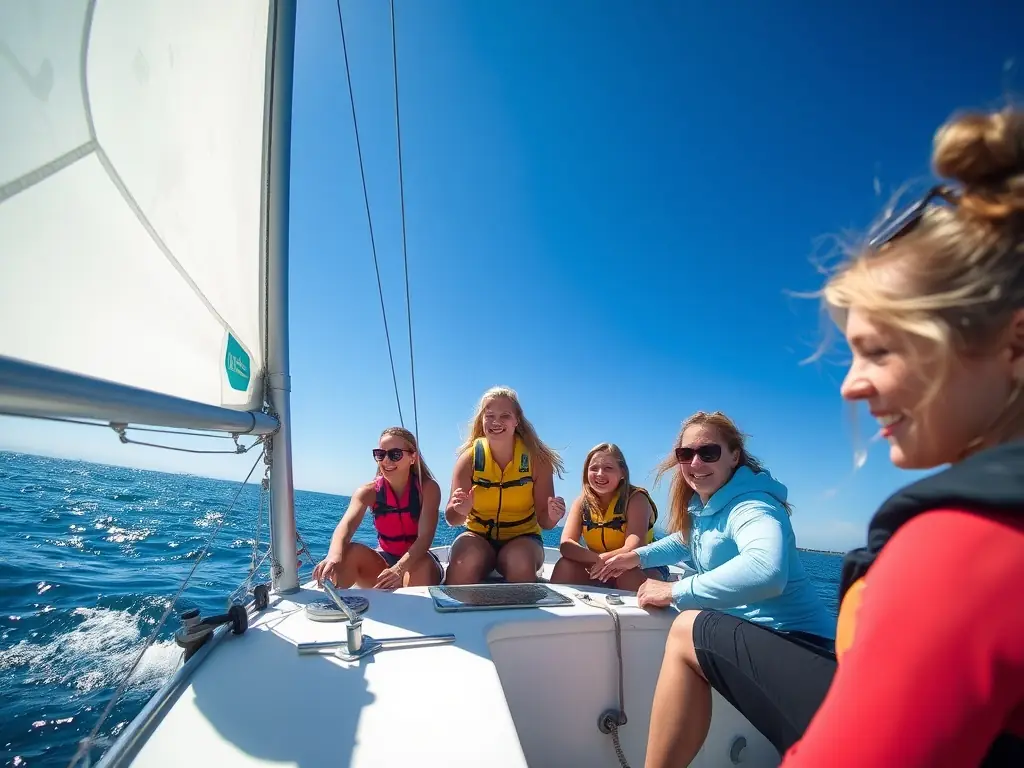 A group of young sailors participating in a sailing training session on a calm sea, with colorful sails and a clear blue sky in the background. The image should convey a sense of teamwork, learning, and enjoyment of maritime sports.