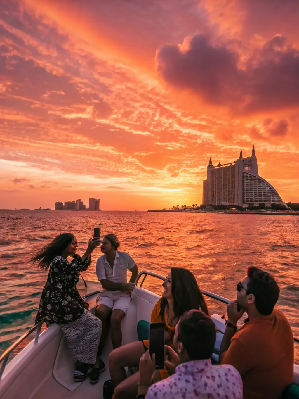 A diverse group of CNP Club Nautique members enjoying a leisurely sunset cruise on a classic sailboat, with the iconic Phare des Baleines lighthouse visible in the distance.