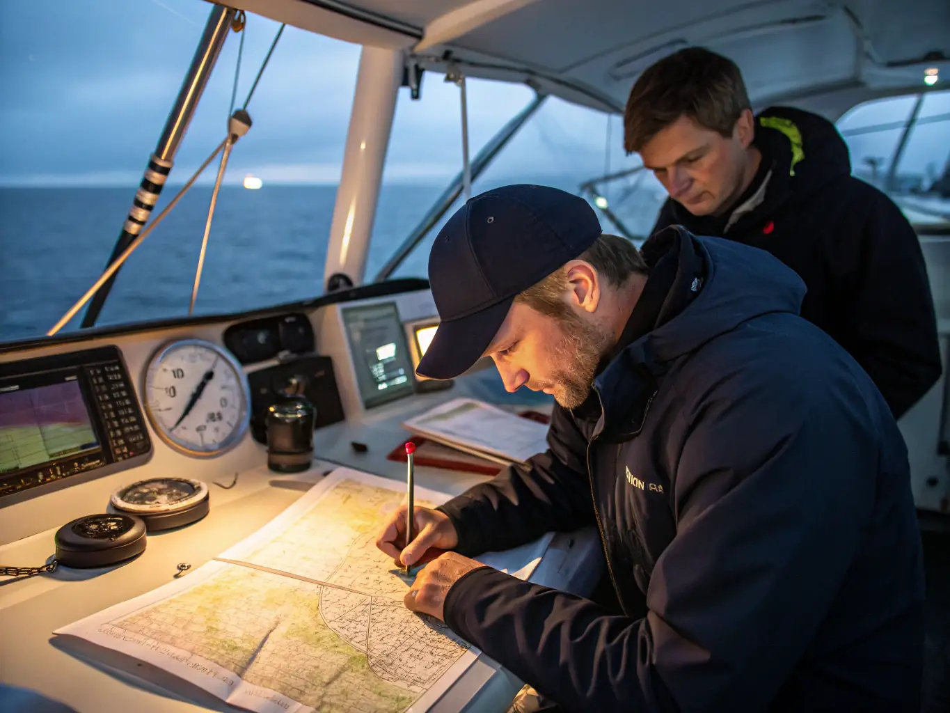 A photograph of a group of adults participating in a coastal navigation workshop, using charts and navigational tools. The setting is a classroom with a view of the sea, and the participants are engaged in learning and discussion.