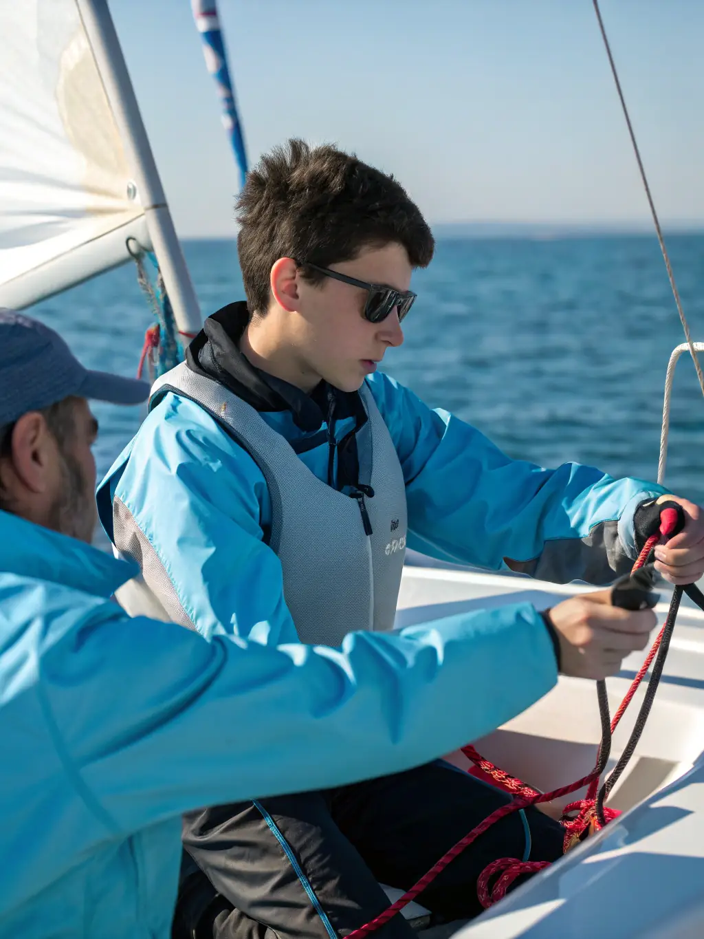 A young sailor in a CNP Club Nautique branded sailing dinghy, practicing sail trim during a training session on a sunny day, with the coastline of Île de Ré in the background.
