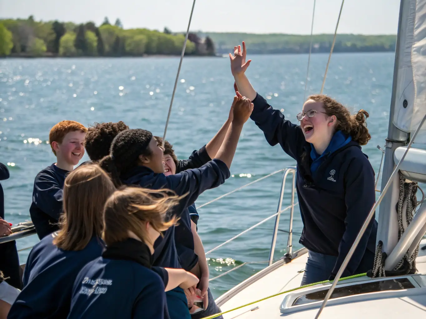 A heartwarming image of a group of sailors celebrating a successful race or training session, showcasing the camaraderie and teamwork fostered within the club, with smiles and high-fives all around.