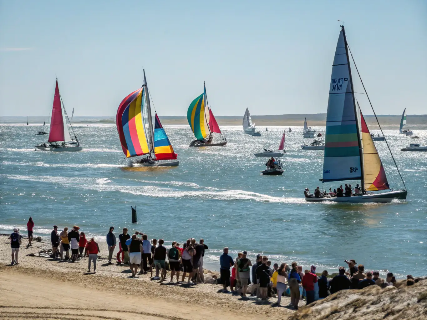 A vibrant image of a sailing regatta, with multiple sailboats racing on the water, spray in the air, and spectators watching from the shore. The image should capture the excitement and competitive spirit of the event.