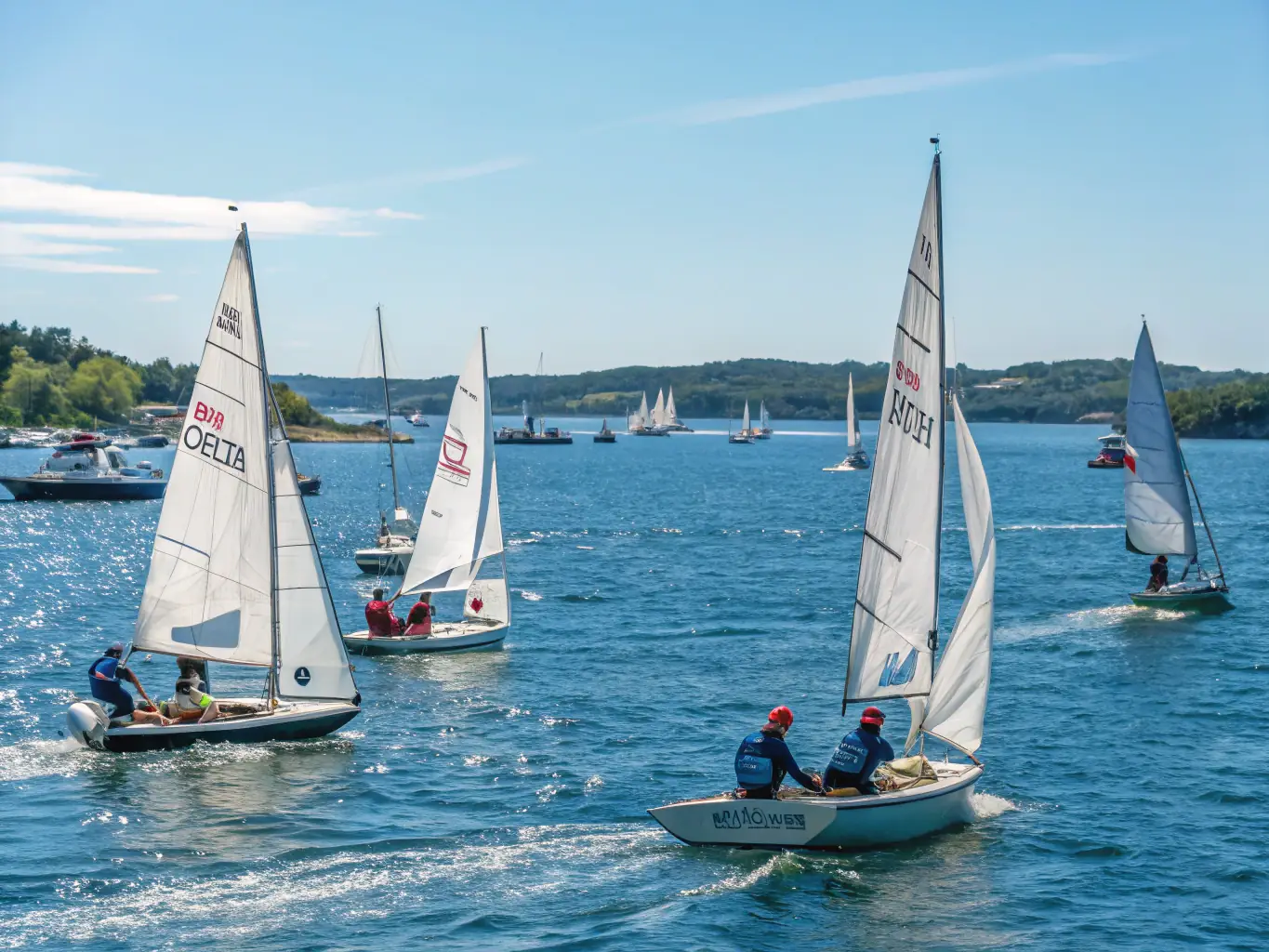 A dynamic image of a sailing regatta, with multiple sailboats racing against each other in a competitive environment. The scene captures the thrill and excitement of competitive sailing.